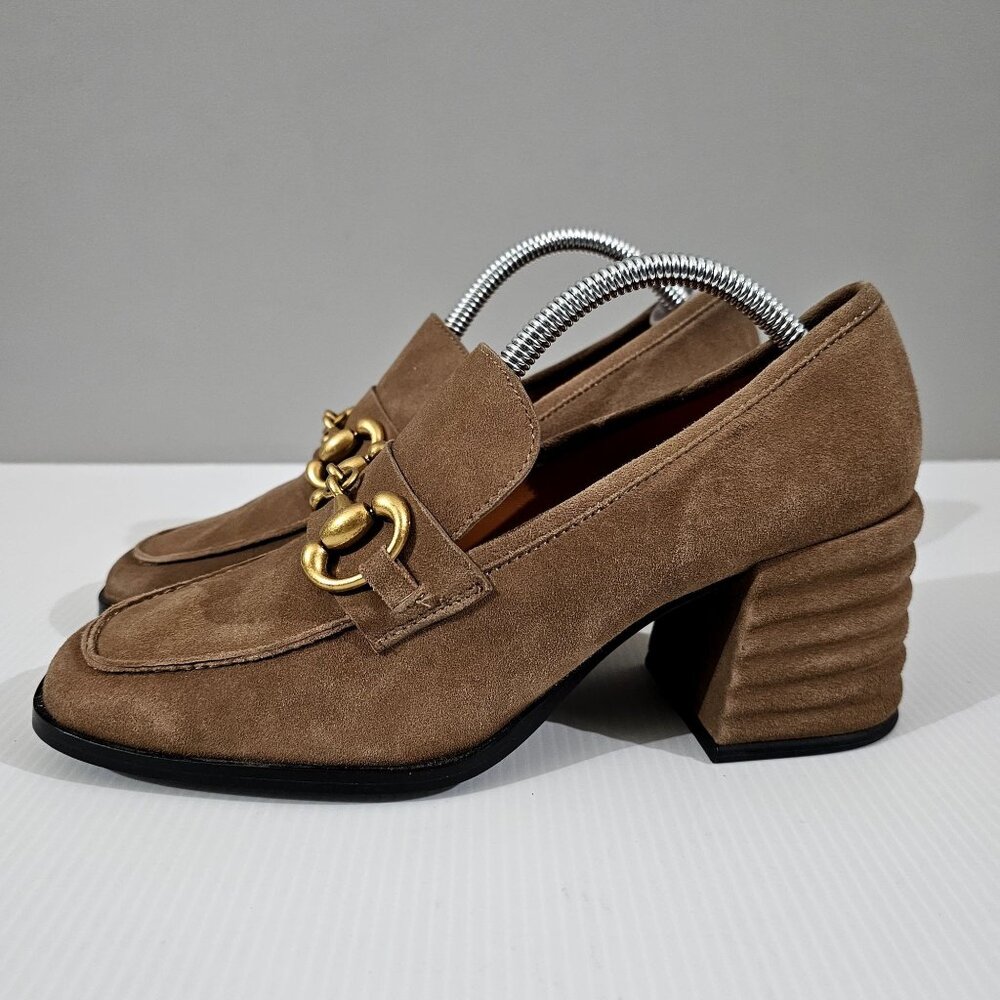 Suede Brown Block Heel Loafers with Gold Hardware